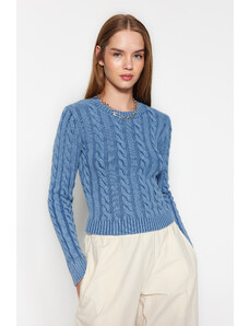 Trendyol Blue Wash Effect Pletený pletený svetr z pleteného úpletu