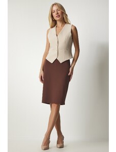 Happiness İstanbul Women's Brown Slit Steel Knitted Skirt