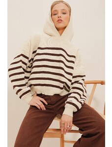 Trend Alaçatı Stili Dámský hnědý pruhovaný zimní pletený svetr s kapucí