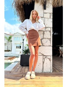 Trend Alaçatı Stili Women's Tan Double Slit Suede Mini Skirt