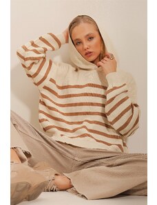 Trend Alaçatı Stili Dámské sušenky s kapucí pruhovaný zimní pletený svetr