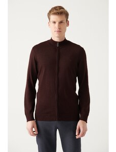 Avva Men's Burgundy Wool Blended Half Zipper High Neck Standard Fit Regular Cut Cardigan