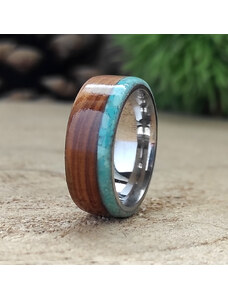 Woodlife Ocelový prsten s olivou a tyrkysem