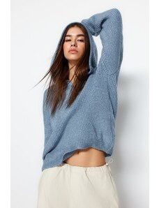 Trendyol modrý měkký texturovaný pletený svetr s kapucí