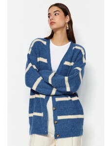 Trendyol Blue Wide Fit Soft Textured Striped Knitwear Cardigan