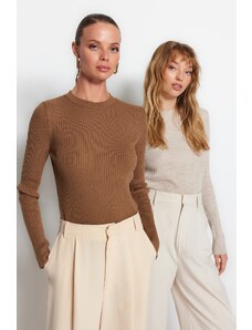 Trendyol hnědo-kamenný pletený svetr s dvojitým balením
