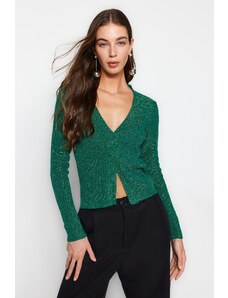 Trendyol Smaragdově zelený měkký texturovaný stříbřitý štěrbinový detail pletený svetr