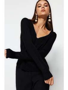 Trendyol Black Pearl Detailní pletený svetr s výstřihem do V