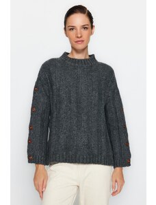 Trendyol antracitový měkký texturovaný boční knoflík s detailním pleteným svetrem
