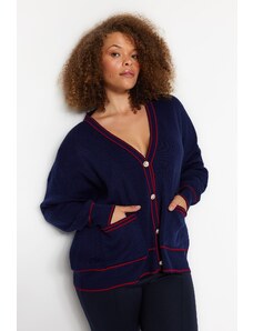 Trendyol Curve Navy Blue-Red Stripe Detailed Knitwear Cardigan