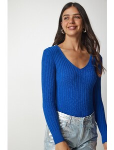 Happiness İstanbul Women's Blue V-Neck Ribbed Basic Blouse