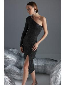 Trendyol antracit-vícebarevné vypasované pletené třpytivé elegantní večerní šaty