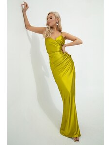 Lafaba Women's Pistachio Green Backless Long Evening Dress with a Slit