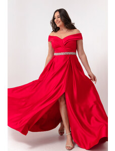 Lafaba Women's Red Boat Collar With Stones and Belt Plus Size Evening Dress.