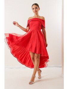 By Saygı Strapless With Stones Organza Dress Red