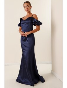By Saygı Lined Long Satin Dress With Rope Straps Low Sleeves and Tie Back Parlament