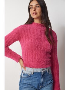 Happiness İstanbul Štěstí İstanbul Dámský růžový vousatý pletený svetr s vysokým výstřihem