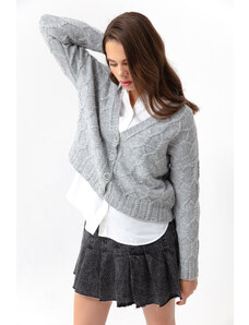 Lafaba Women's Gray Knitted Detailed Cardigan with a Sharon Knitwear