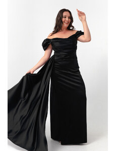 Lafaba Women's Black Boat Neck Train Long Satin Evening Dress & Prom Dress
