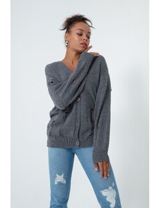 Lafaba Women's Anthracite Ripped Detailed Knitwear Cardigan