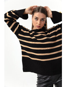 Lafaba Dámský hnědý pruhovaný pletený svetr s lodním výstřihem