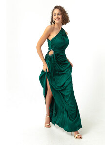 Lafaba Women's Emerald Green One-Shoulder Decollete Long Evening Dress.