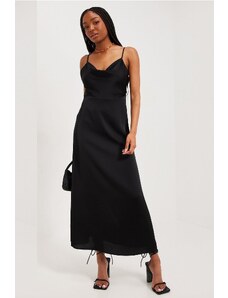 Madmext Black Satin Plunging Collar Midi Length Dress