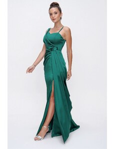 By Saygı Front Flounce Detailed Lined Satin Evening Dress