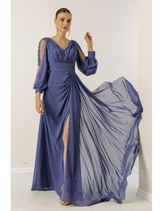 By Saygı V-Neck Long Evening Chiffon Dress with Draping and Lined Sleeves.