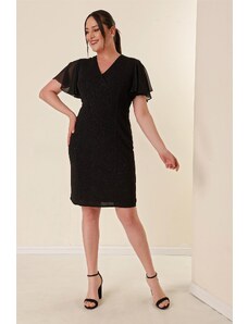 By Saygı Dvouřadý rukáv s výstřihem Šifón lemovaný Plus velikost Stříbřité tužkové šaty Černá