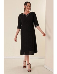 By Saygı Stone Detailní podšívka Plus Size Stříbřité šaty Černá