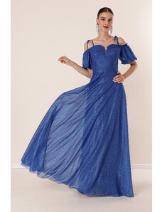 By Saygı Saxe Modrý límeček Plisovaný Balónový rukáv lemovaný stříbřitě dlouhé šaty