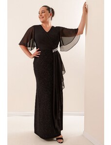 By Saygı Plus Size Glittery Long Dress with Chiffon Sleeves and Stone Accessory Lined Wide Sizes Saks.