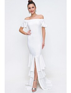 By Saygı Madonna Collar Evening Dress with Tiered Skirt and Front Slit