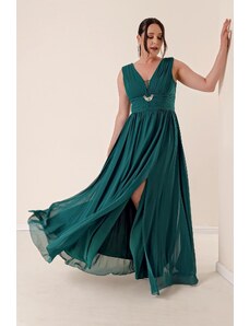 By Saygı Front Back V-Neck Stone Detailed Waist Draped Plus Size Chiffon Long Dress with a Front Slit Emerald