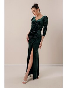 By Saygı Pleated Slit Long Velvet Dress