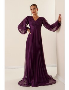 By Saygı Front Back V-Neck Balloon Sleeves Pleated Long Tulle Dress Plum