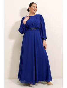 By Saygı Saks Plus Size Long Chiffon Dress with Front Gathered Waist Belt