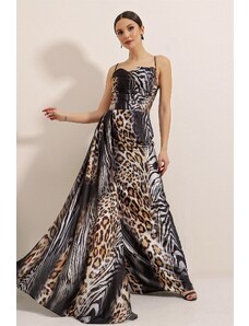 By Saygı Lined Leopard Pattern Satin Long Dress With Rope Straps Black