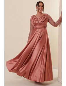 By Saygı Plus Size Long Satin Evening Dress with Tulle Shimmer Detailed Front Pleats on the sleeves Copper.