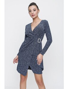 By Saygı Double Breasted Collar, Lined, Buckle Waist, Long Sleeve Glittery Dress Indigo.