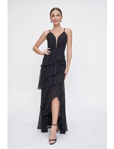 By Saygı Long, Tiered Ruffles Lined Chiffon Dress With Rope Straps Black