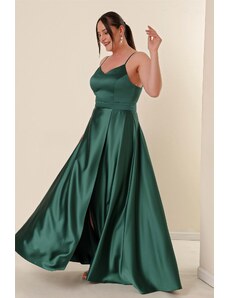 By Saygı Emerald Plus Size Long Satin Dress With Thread Straps and a Slit in the Front