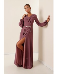 By Saygı Flounce Front Balloon Sleeve Belted Chiffon Long Dress