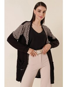 By Saygı Flitrované Detailní Kapsy S Vzorovaný Lycra Cardigan Černá