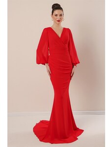 By Saygı Dvouřadý límec vpředu nabírané lemované dlouhé šifonové šaty červená
