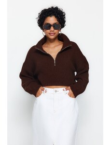 Trendyol hnědý super crop zip pletený svetr