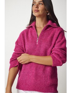 Happiness İstanbul Štěstí İstanbul Dámský růžový zipový límec Pletený svetr