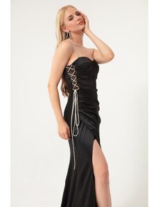 Lafaba Women's Black Strapless Long Satin Evening Dress.