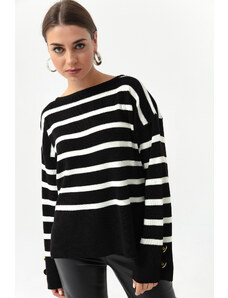 Lafaba Women's Black Boat Neck Striped Knitwear Sweater